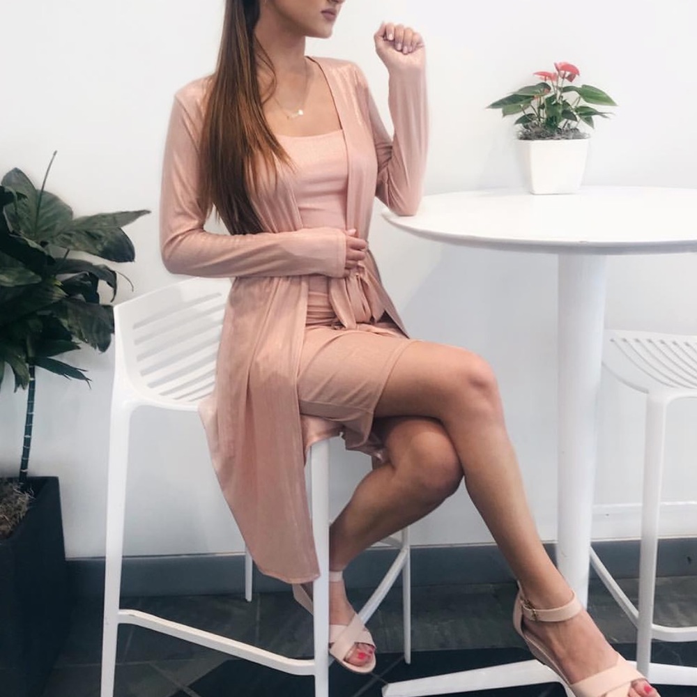 Rose gold / pink metallic strap dress and cardigan